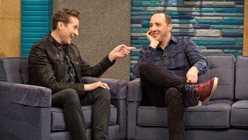 Tony Hale Wears a Blue Flannel Shirt and Fuchsia Sneakers Tony Hale Wears a Blue Flannel Shirt and Fuchsia Sneakers