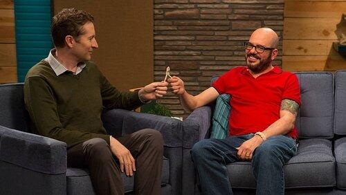 David Cross Wears a Red Polo Shirt and Brown Shoes with Red Laces David Cross Wears a Red Polo Shirt and Brown Shoes with Red Laces