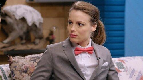 Gillian Jacobs Wears a Gray Checkered Suit and a Red Bow Tie Gillian Jacobs Wears a Gray Checkered Suit and a Red Bow Tie