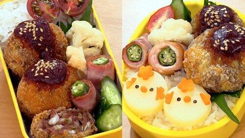 Colorful Inari-sushi Bento & Cabbage Menchi-katsu Bento Colorful Inari-sushi Bento & Cabbage Menchi-katsu Bento