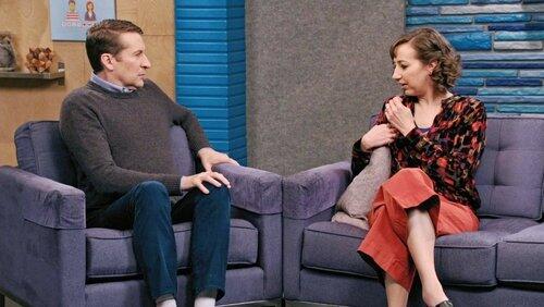 Kristen Schaal Wears Strawberry Colored Pants and a Multicolored Shirt Kristen Schaal Wears Strawberry Colored Pants and a Multicolored Shirt