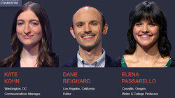 Kate Kohn Vs. Dane Reighard Vs. Elena Passarello, show # 8441. Kate Kohn Vs. Dane Reighard Vs. Elena Passarello, show # 8441.