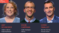 Amy Schneider Vs. David Carpman Vs. Chris Omalley, show # 8475. Amy Schneider Vs. David Carpman Vs. Chris Omalley, show # 8475.